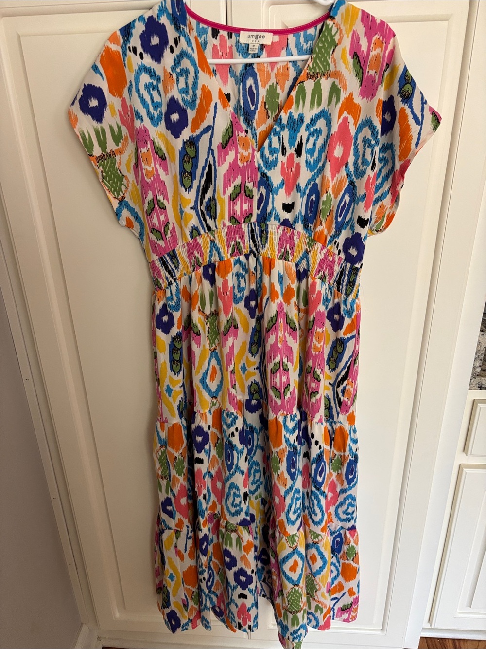 Umgee size Medium Multicolor Ikat-Print Maxi Dress with Elastic Waist